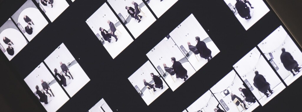 A screen displaying multiple camera angles from Volucap’s volumetric capture system, showing Holocaust survivor Leon Weintraub during the recording process.