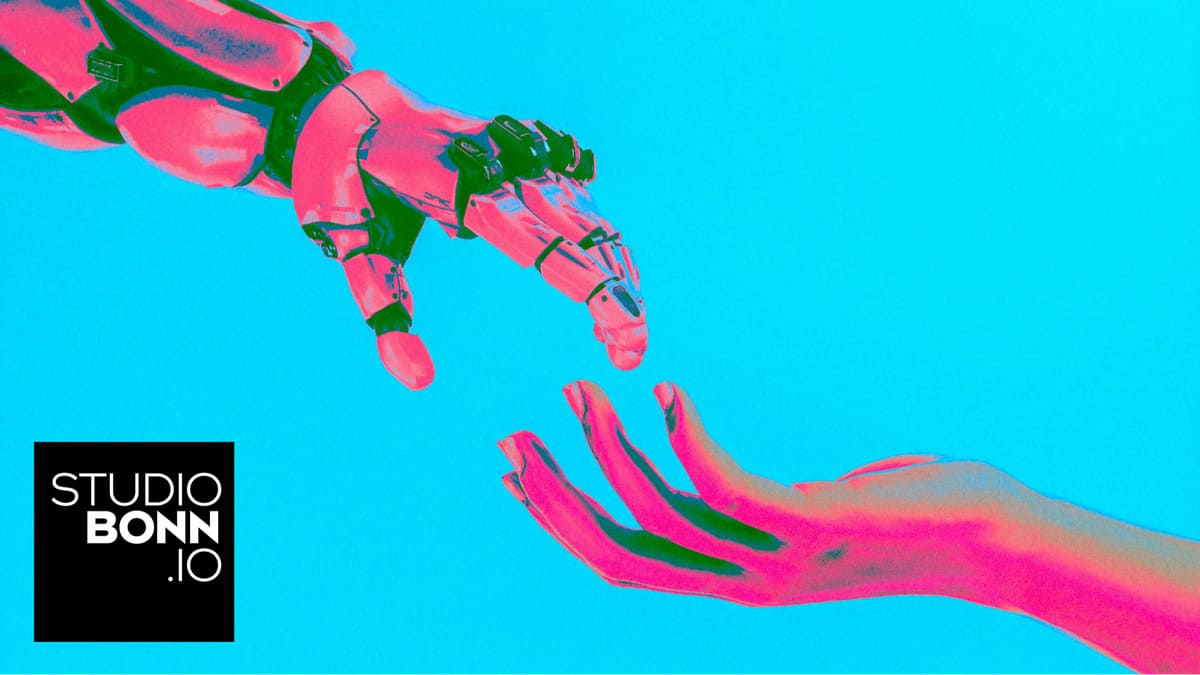 Robot and human hands reaching toward each other in artwork for Studio Bonn's AI event.