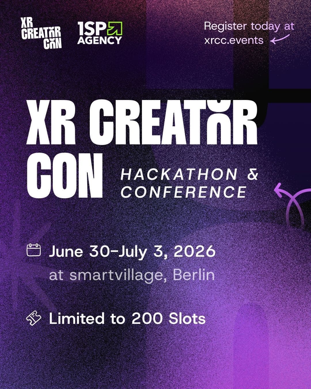 Poster for XR Creator Con Hackathon & Conference, taking place June 30–July 3, 2026, at smartvillage Berlin.